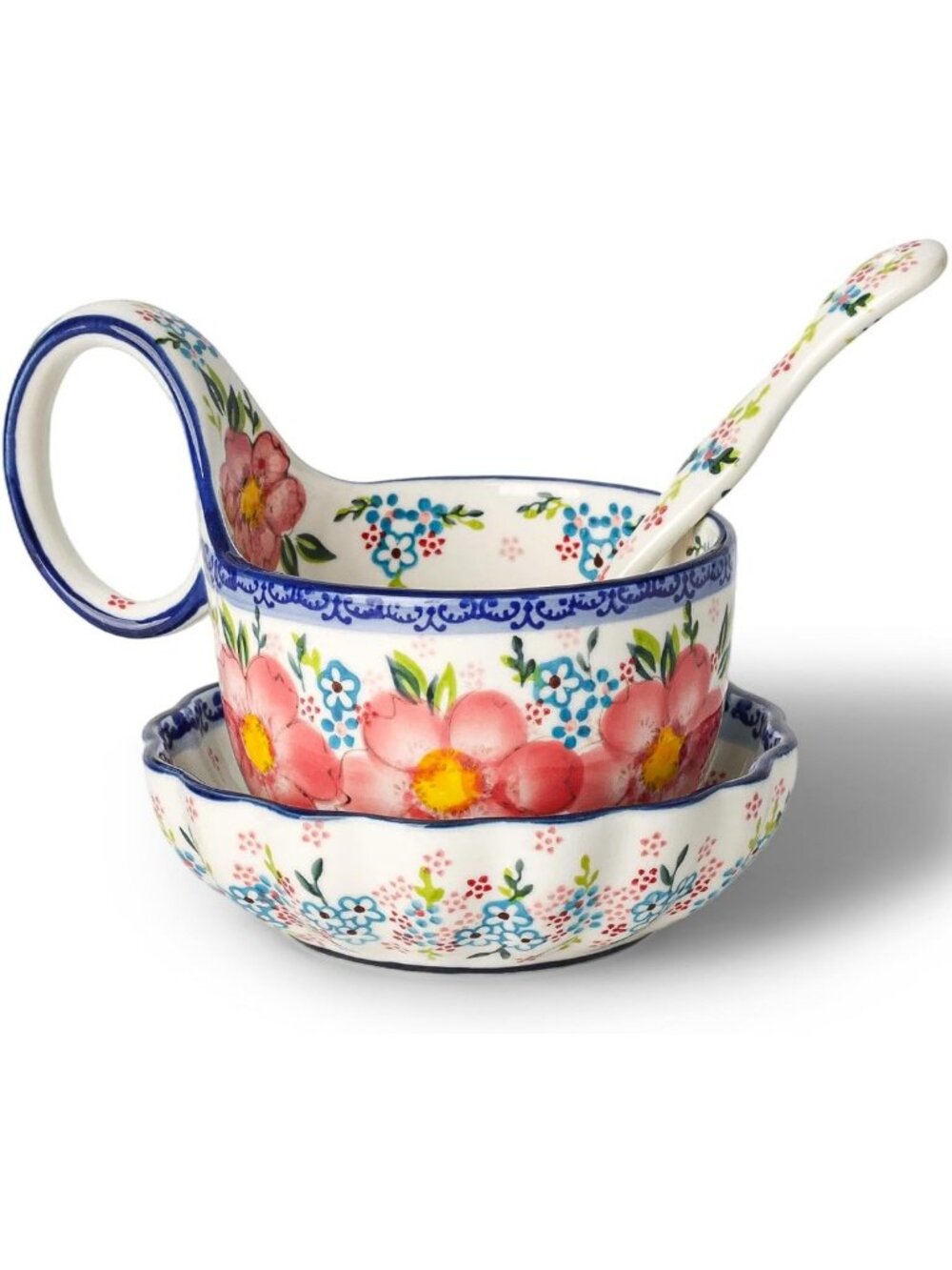 Handmade Ceramic Soup Bowl Set with Loop Handle, Plate & Spoon - Gift-Ready